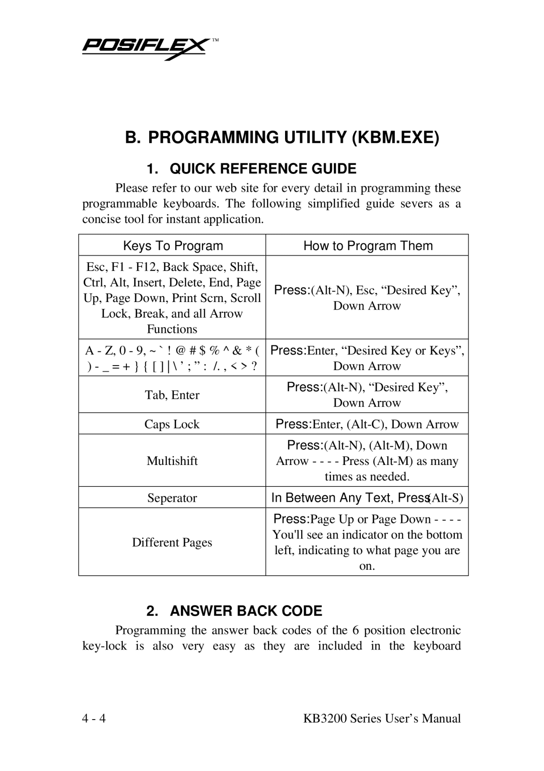 POSIFLEX Business Machines KB3200 user manual Programming Utility KBM.EXE, Quick Reference Guide, Answer Back Code 