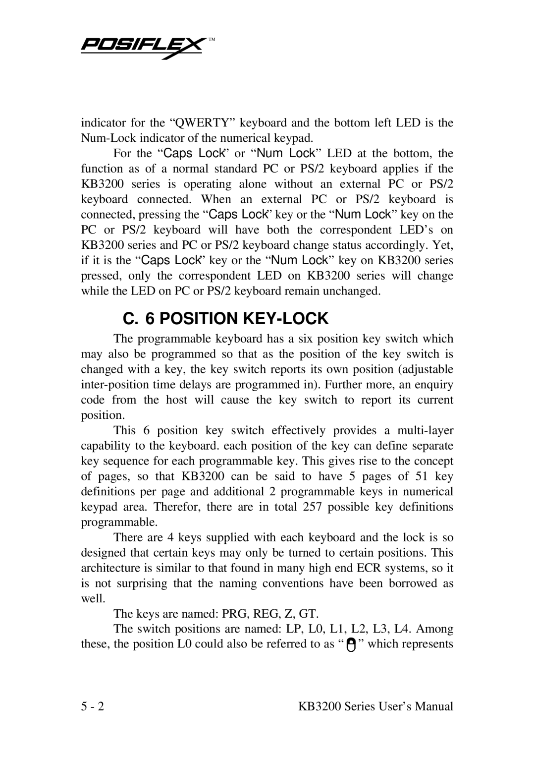 POSIFLEX Business Machines KB3200 user manual Position KEY-LOCK 