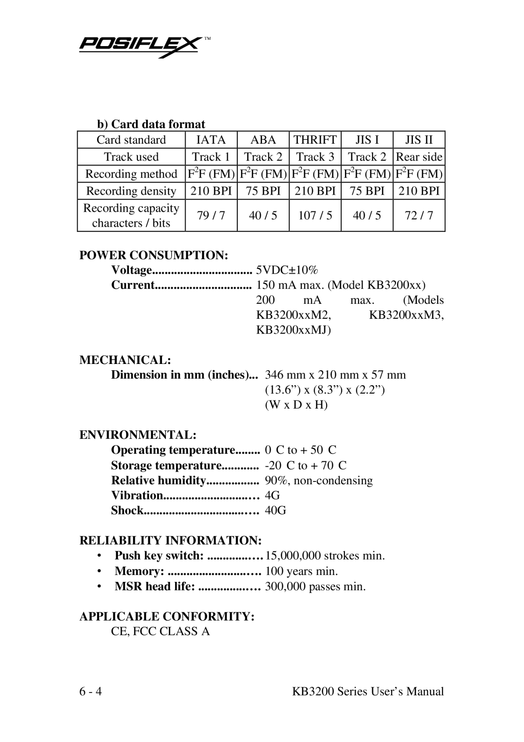 POSIFLEX Business Machines KB3200 user manual Mechanical 