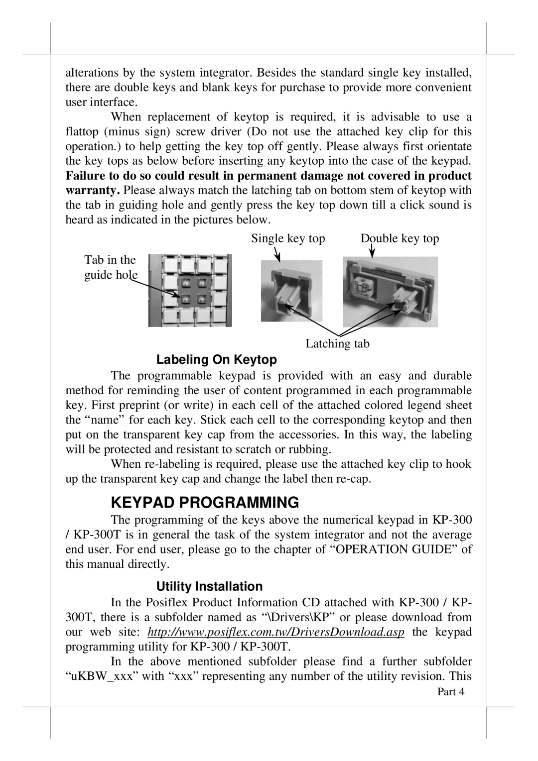 POSIFLEX Business Machines KP-300T user manual Keypad Programming, Labeling On Keytop, Utility Installation 