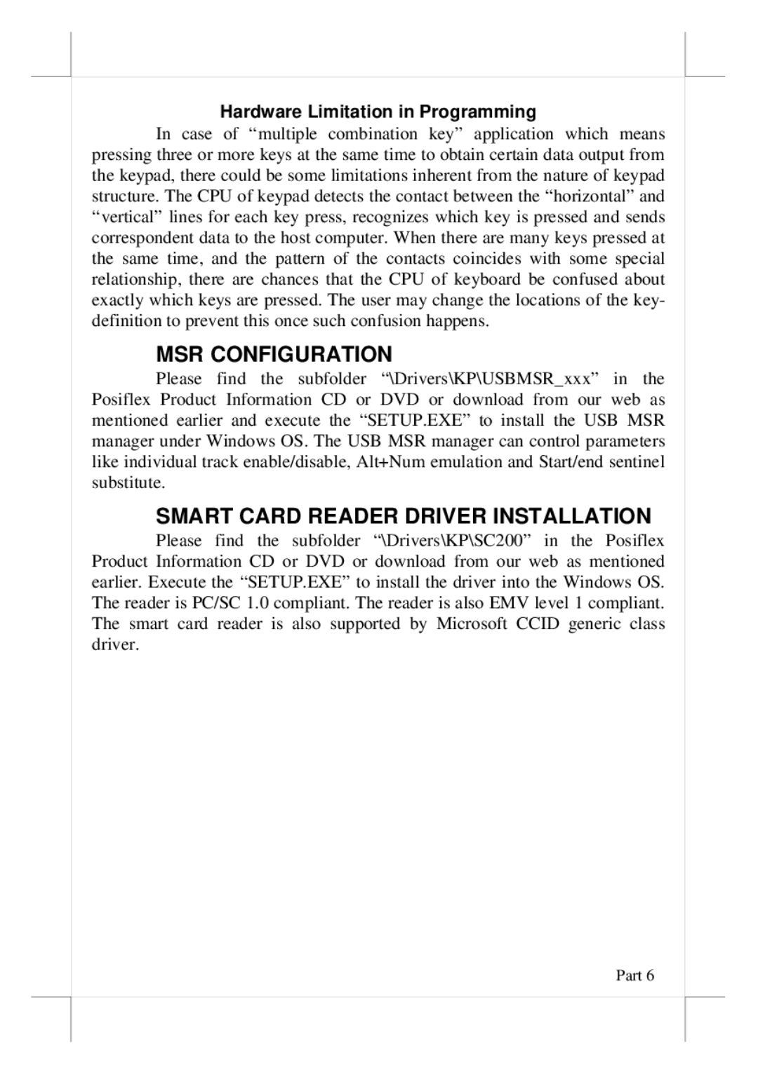 POSIFLEX Business Machines KP-300T user manual MSR Configuration, Smart Card Reader Driver Installation 