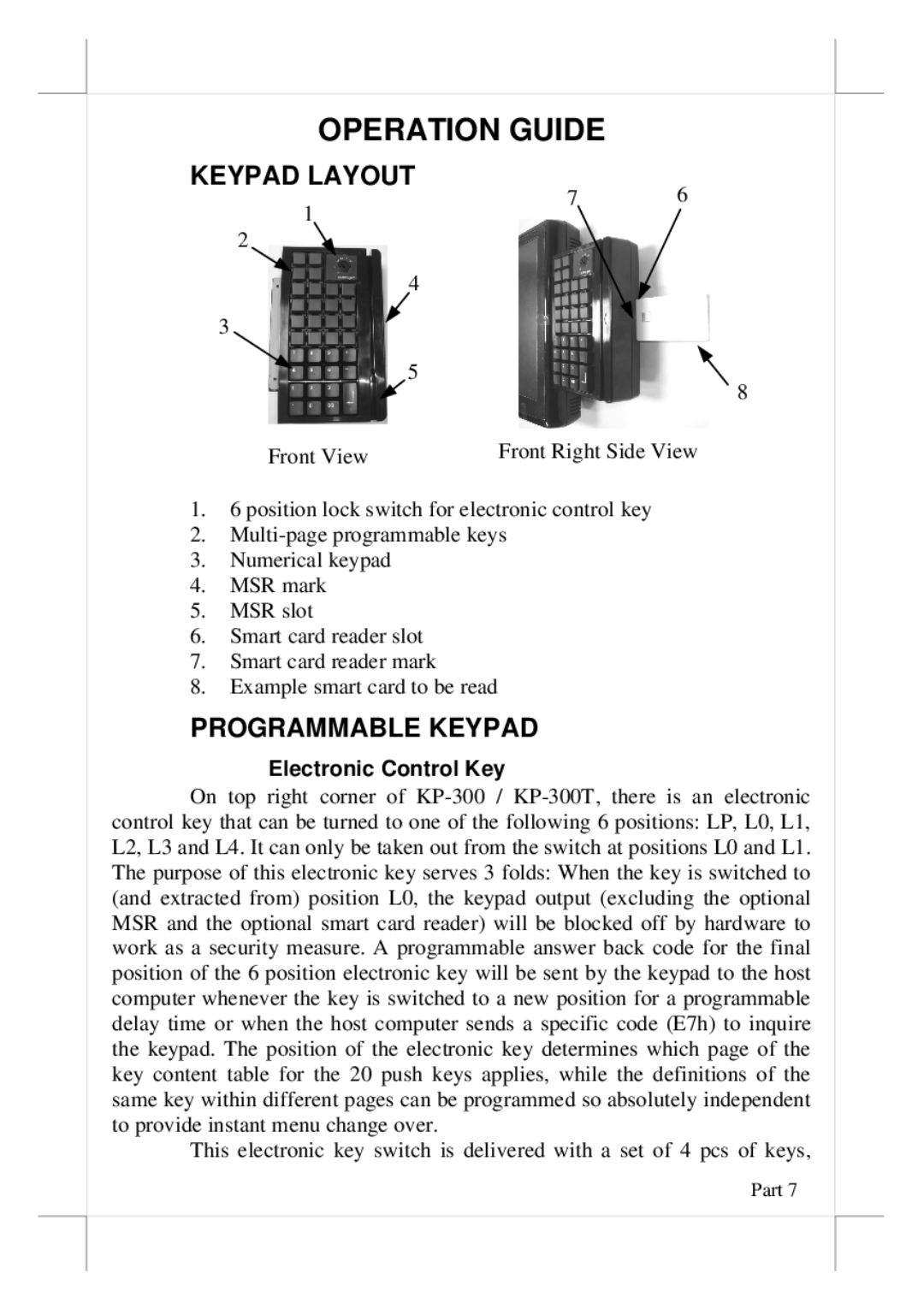 POSIFLEX Business Machines KP-300T user manual Operation Guide, Keypad Layout, Programmable Keypad, Electronic Control Key 