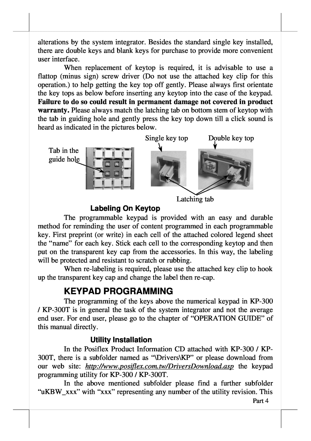 POSIFLEX Business Machines KP-300T user manual Keypad Programming, Labeling On Keytop, Utility Installation 