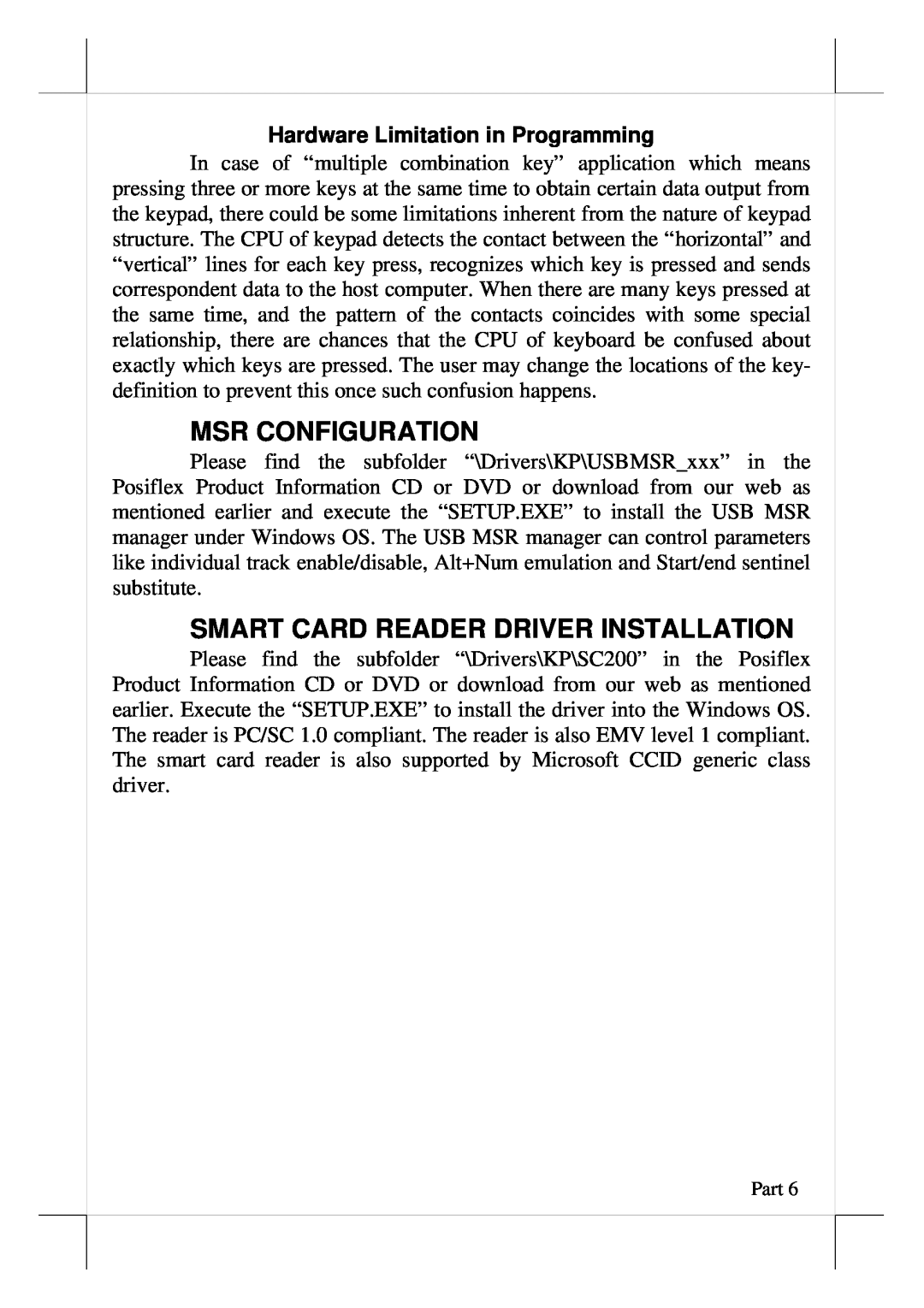 POSIFLEX Business Machines KP-300T user manual Msr Configuration, Smart Card Reader Driver Installation 
