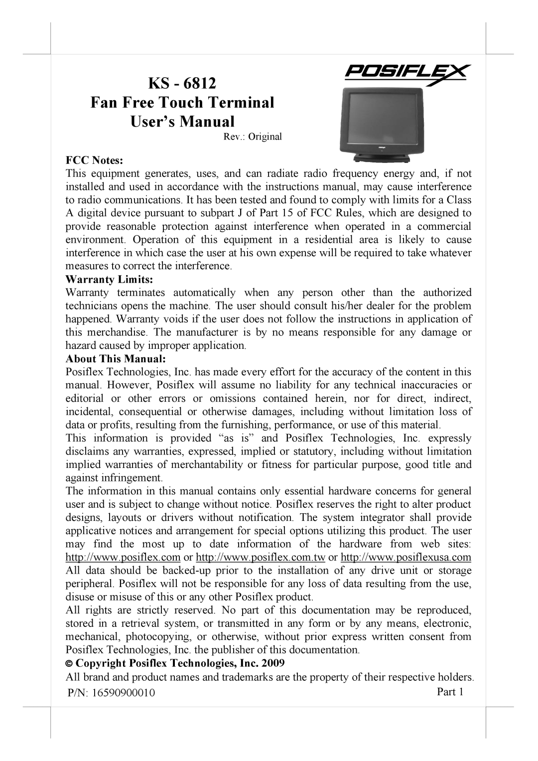 POSIFLEX Business Machines KS-6812 manual Fan Free Touch Terminal User’s Manual 