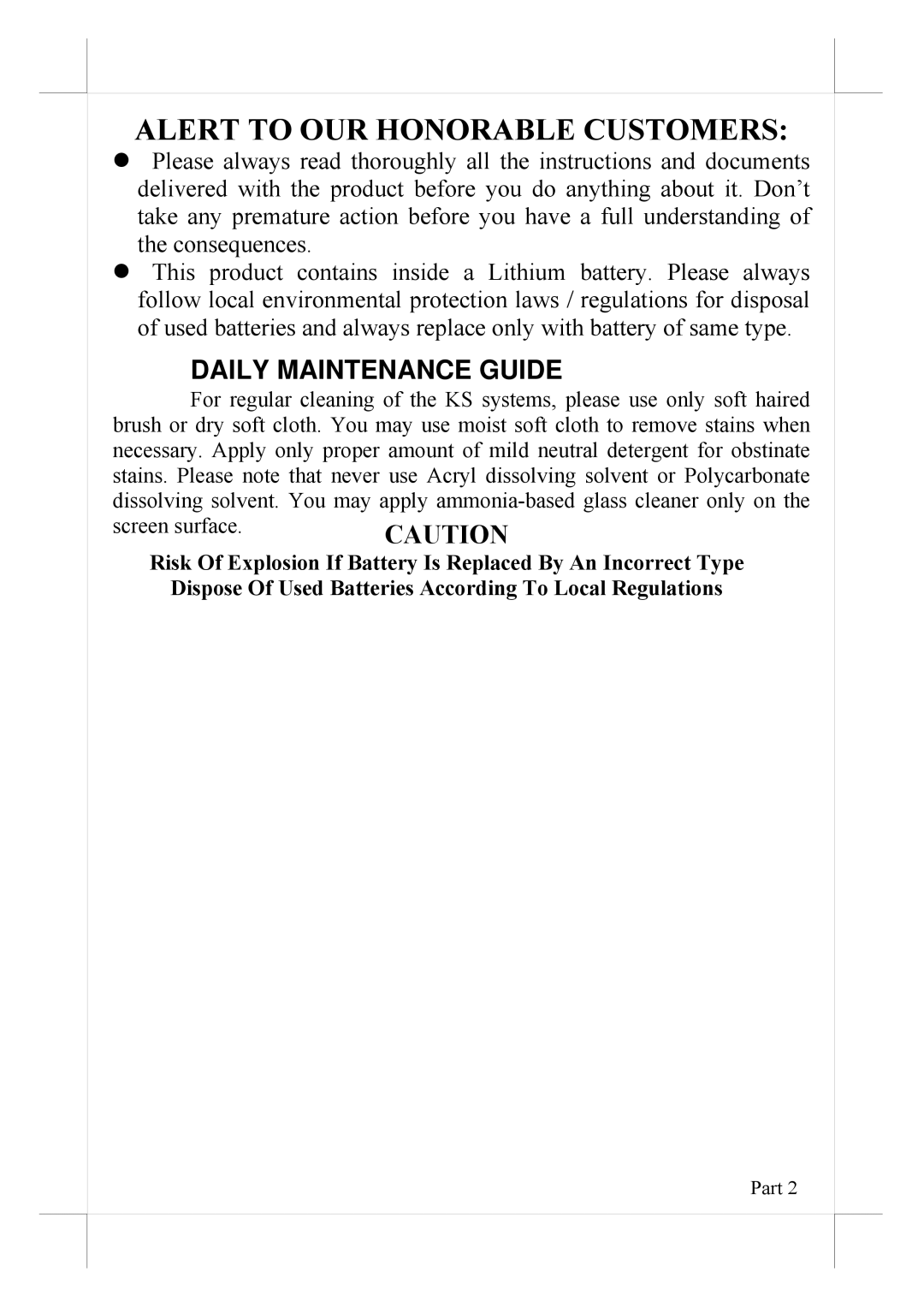 POSIFLEX Business Machines KS-6812 manual Alert to OUR Honorable Customers, Daily Maintenance Guide 