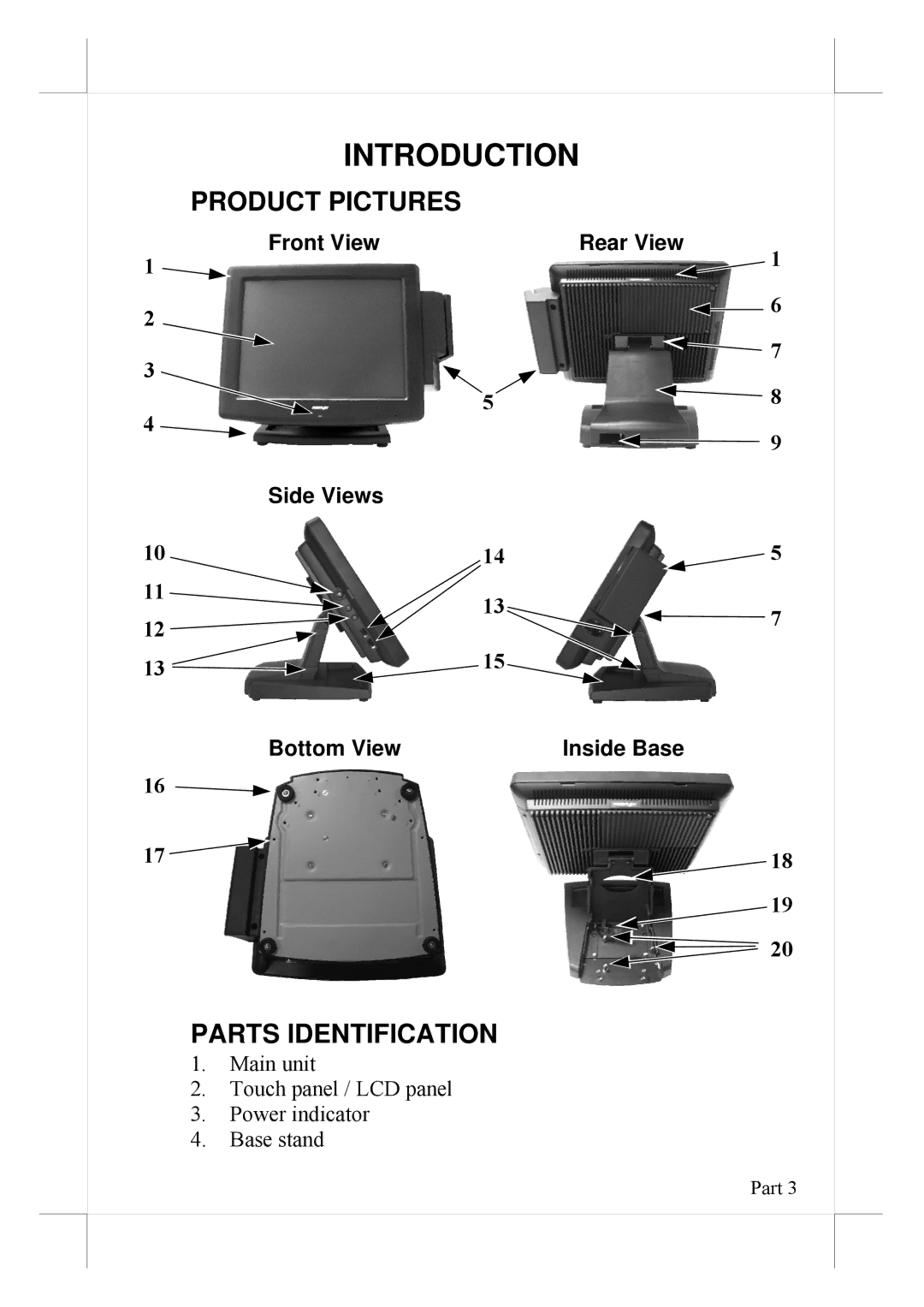 POSIFLEX Business Machines KS-6812 Product Pictures, Parts Identification, Front View Rear View Side Views Bottom View 