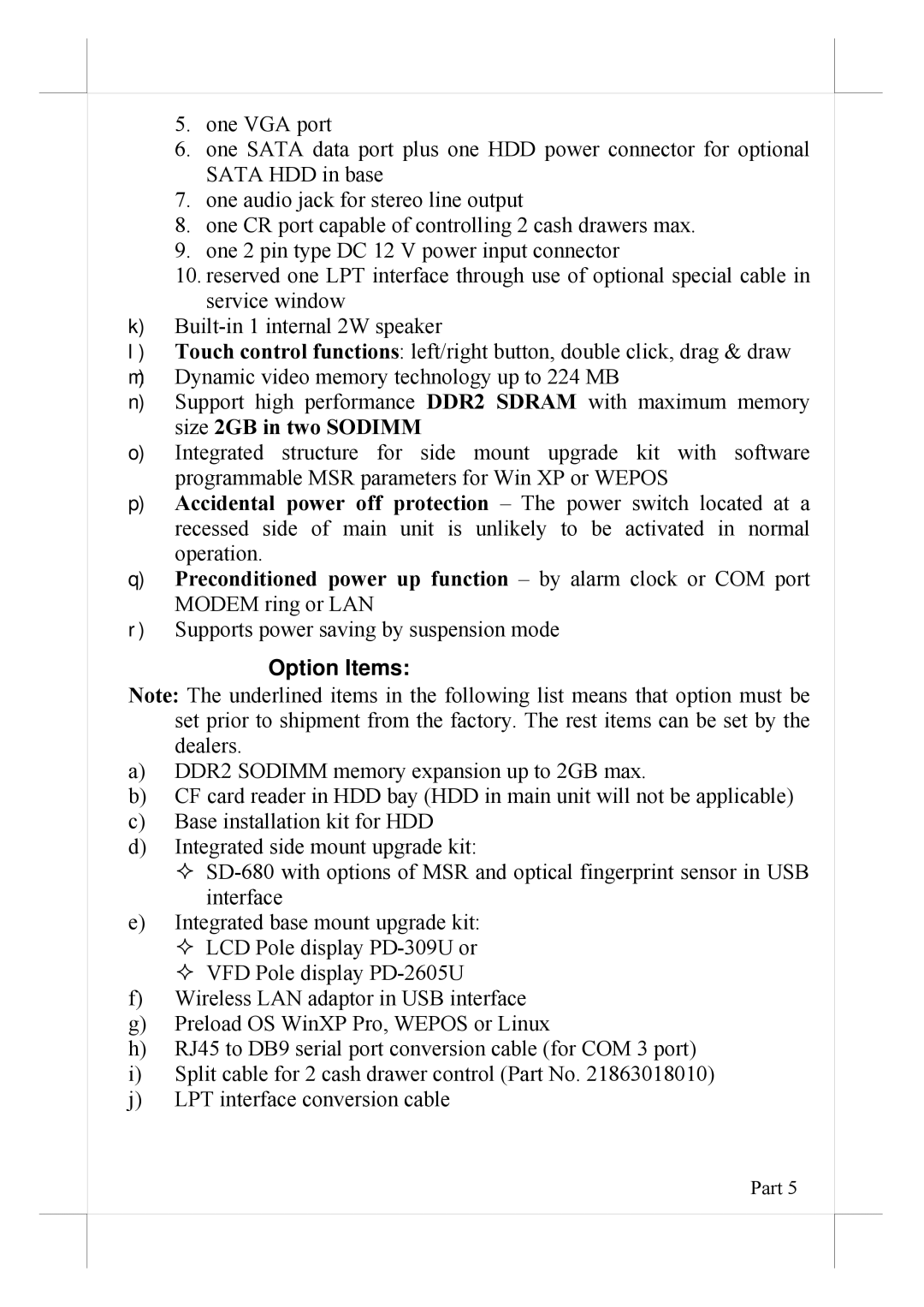 POSIFLEX Business Machines KS-6812 manual Option Items 