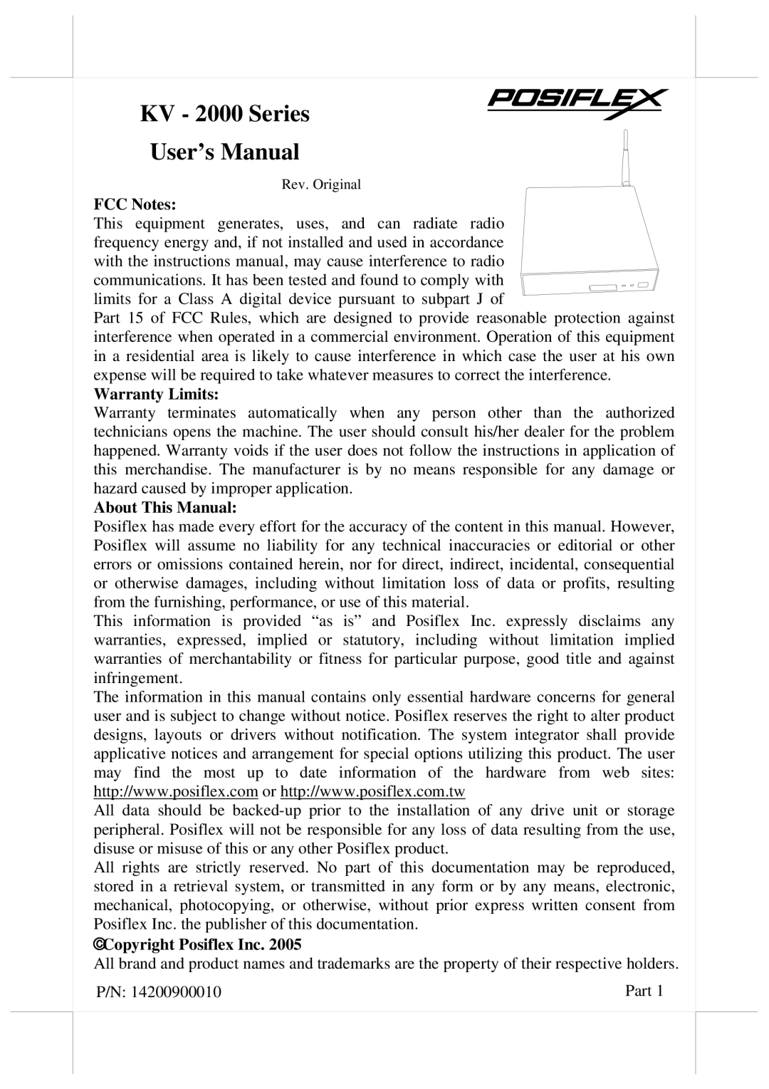 POSIFLEX Business Machines Posiflex Kithen Video System, KV-2000 user manual KV 2000 Series User’s Manual 