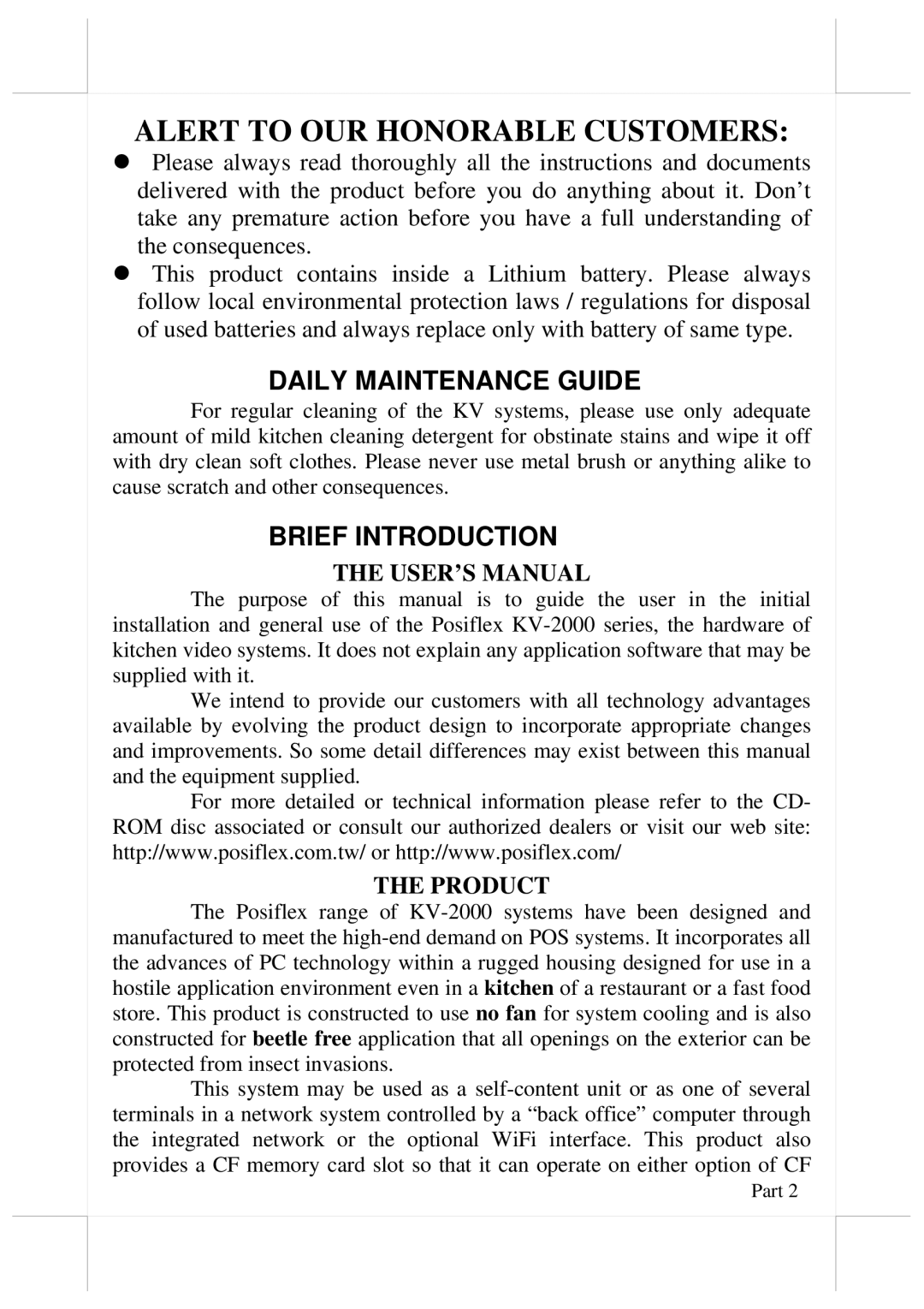 POSIFLEX Business Machines KV-2000 user manual Daily Maintenance Guide, Brief Introduction, USER’S Manual, Product 