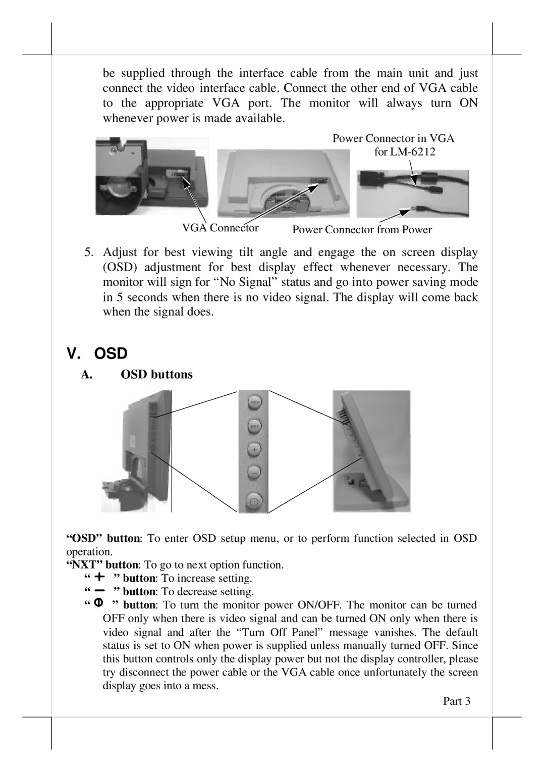 POSIFLEX Business Machines LM-6200 user manual Osd, OSD buttons 