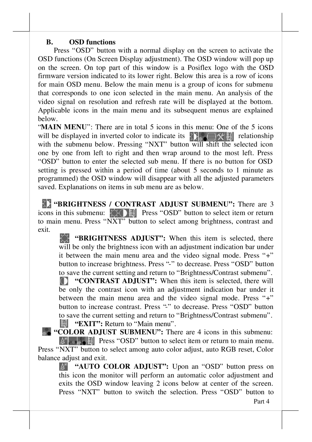 POSIFLEX Business Machines LM-6200 user manual OSD functions, Brightness / Contrast Adjust Submenu There are 