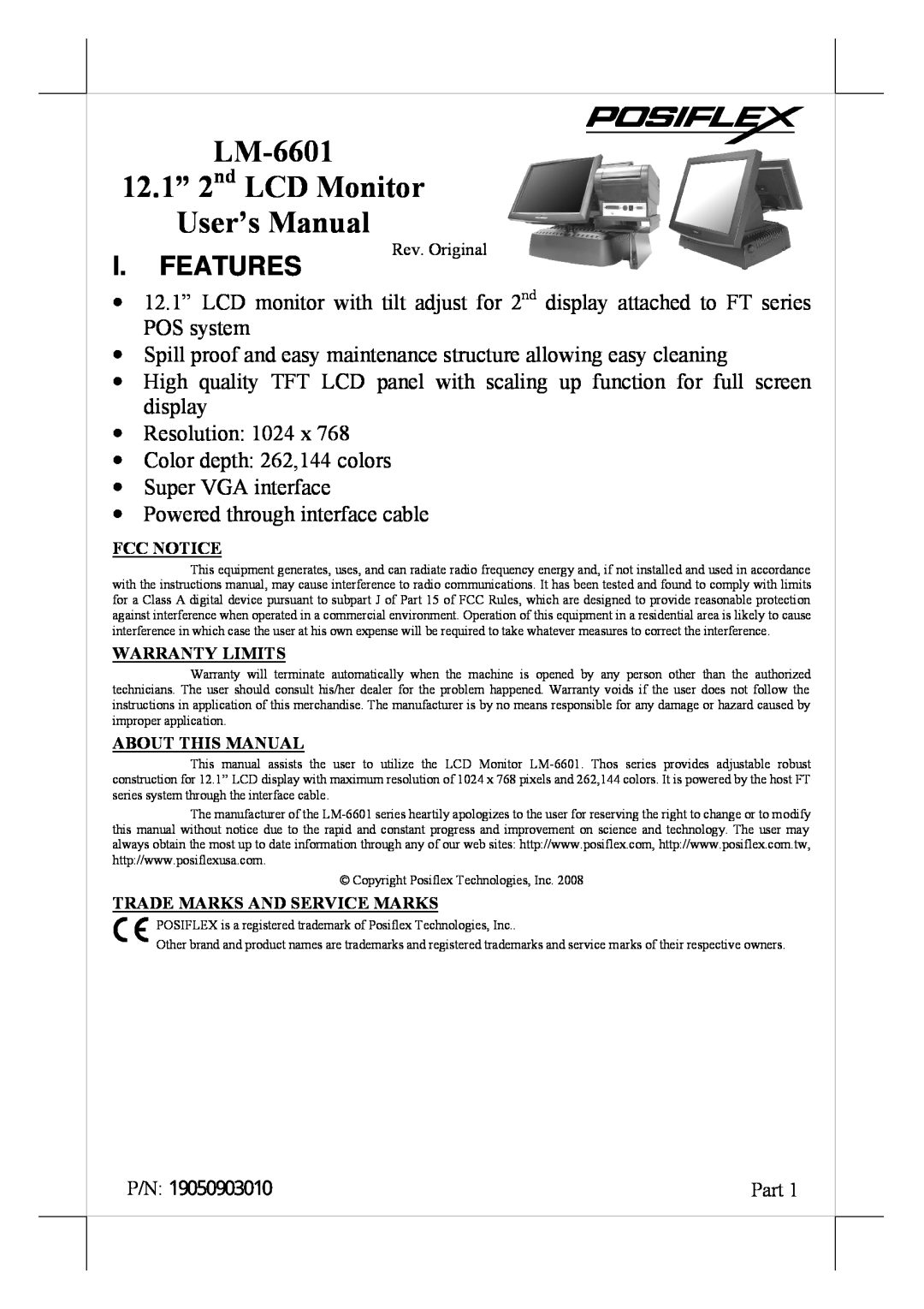 POSIFLEX Business Machines user manual I.Features, LM-6601 12.1” 2nd LCD Monitor User’s Manual, P/N 趫韘顒韙鞥醥, Part 