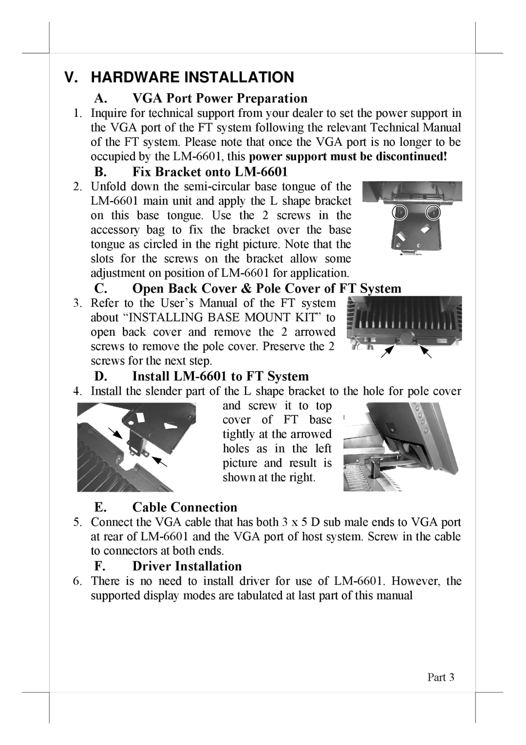 POSIFLEX Business Machines LM-6601 user manual Hardware Installation, VGA Port Power Preparation 