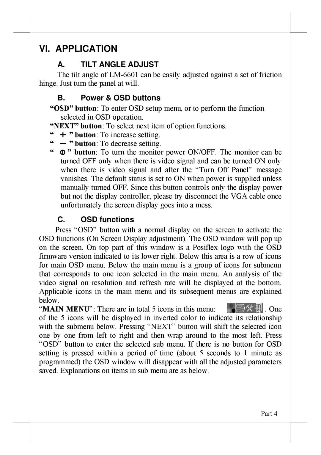 POSIFLEX Business Machines LM-6601 user manual VI. Application, Tilt Angle Adjust 