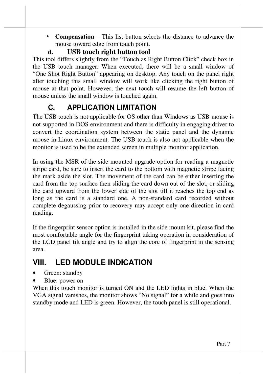 POSIFLEX Business Machines LM-/TM-7115/7115N user manual VIII. LED Module Indication, USB touch right button tool 