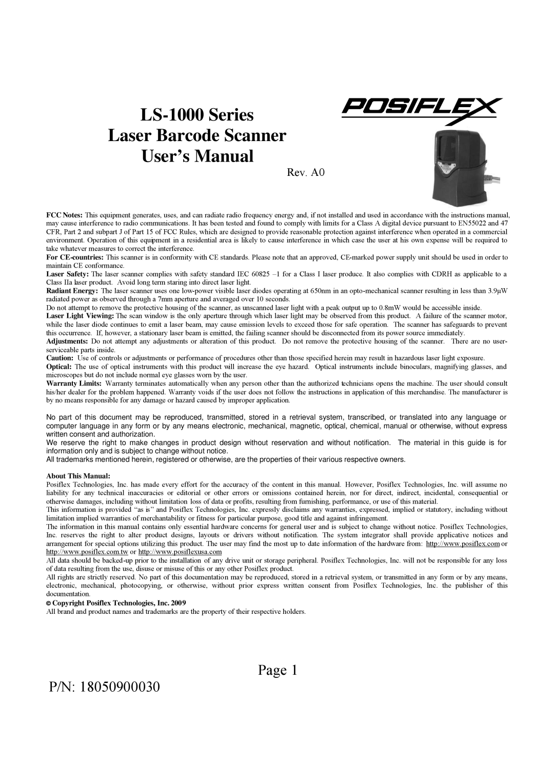 POSIFLEX Business Machines user manual LS-1000 Series Laser Barcode Scanner User’s Manual 