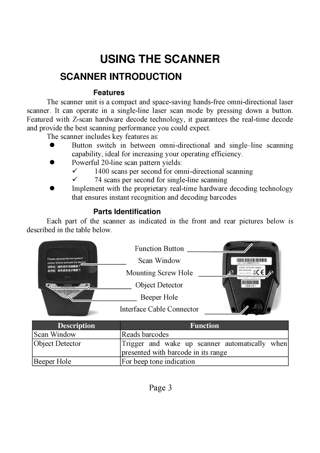 POSIFLEX Business Machines LS-1000 user manual Scanner Introduction, Features, Parts Identification, Description Function 