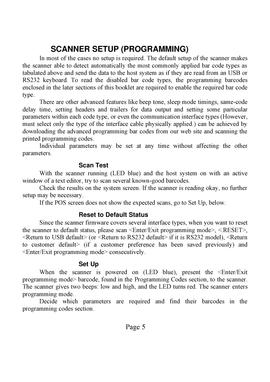 POSIFLEX Business Machines LS-1000 user manual Scanner Setup Programming, Scan Test, Reset to Default Status, Set Up 