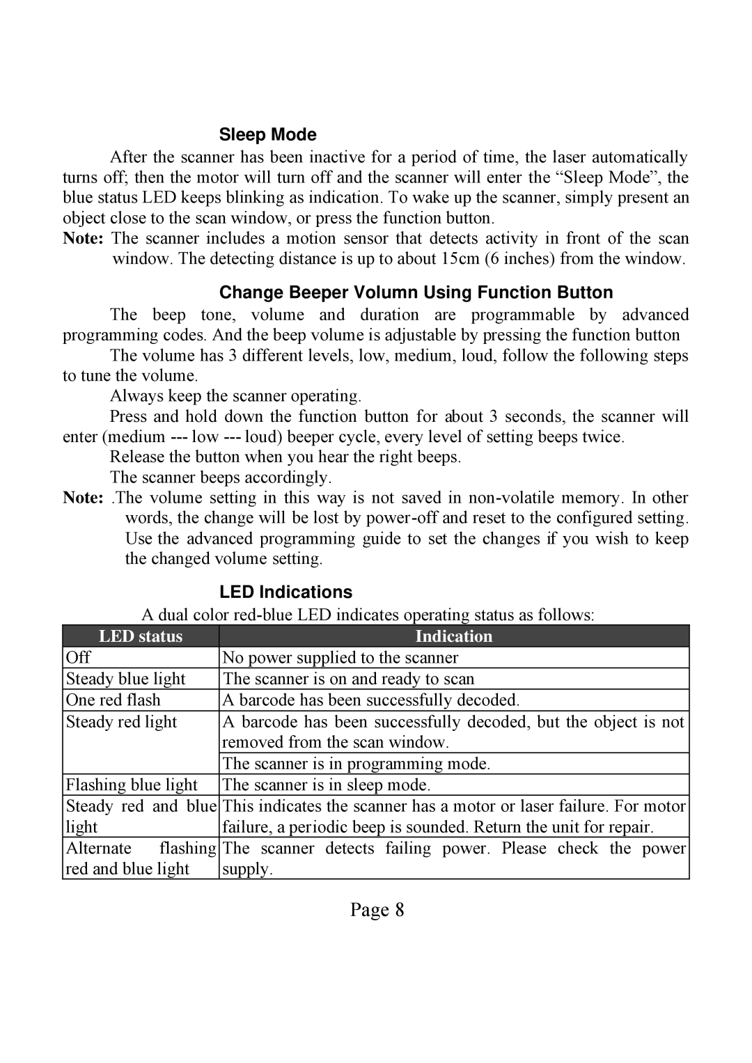 POSIFLEX Business Machines LS-1000 user manual Sleep Mode, Change Beeper Volumn Using Function Button, LED Indications 