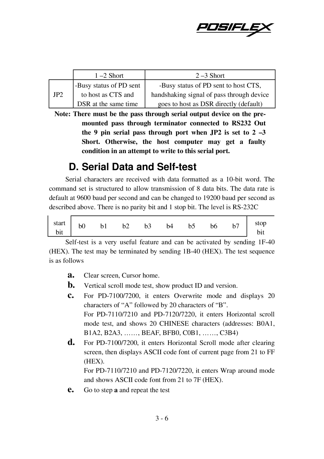 POSIFLEX Business Machines PD-7100, PD-7200 user manual Serial Data and Self-test, JP2 