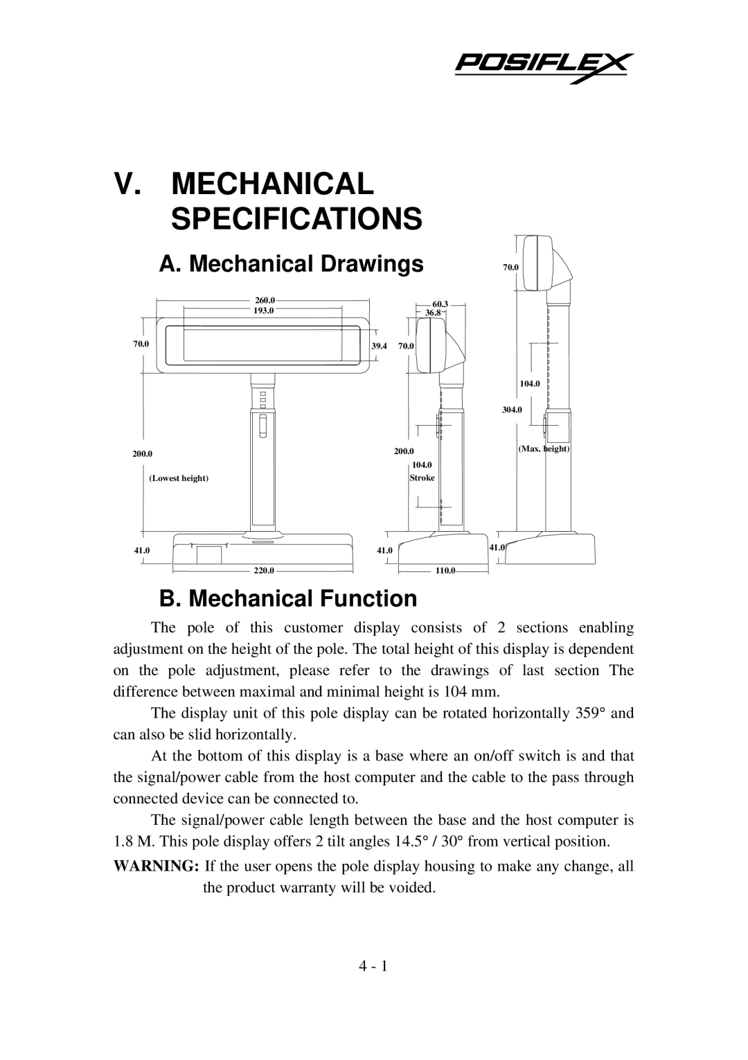 POSIFLEX Business Machines PD-7200, PD-7100 user manual Mechanical Specifications, Mechanical Drawings, Mechanical Function 