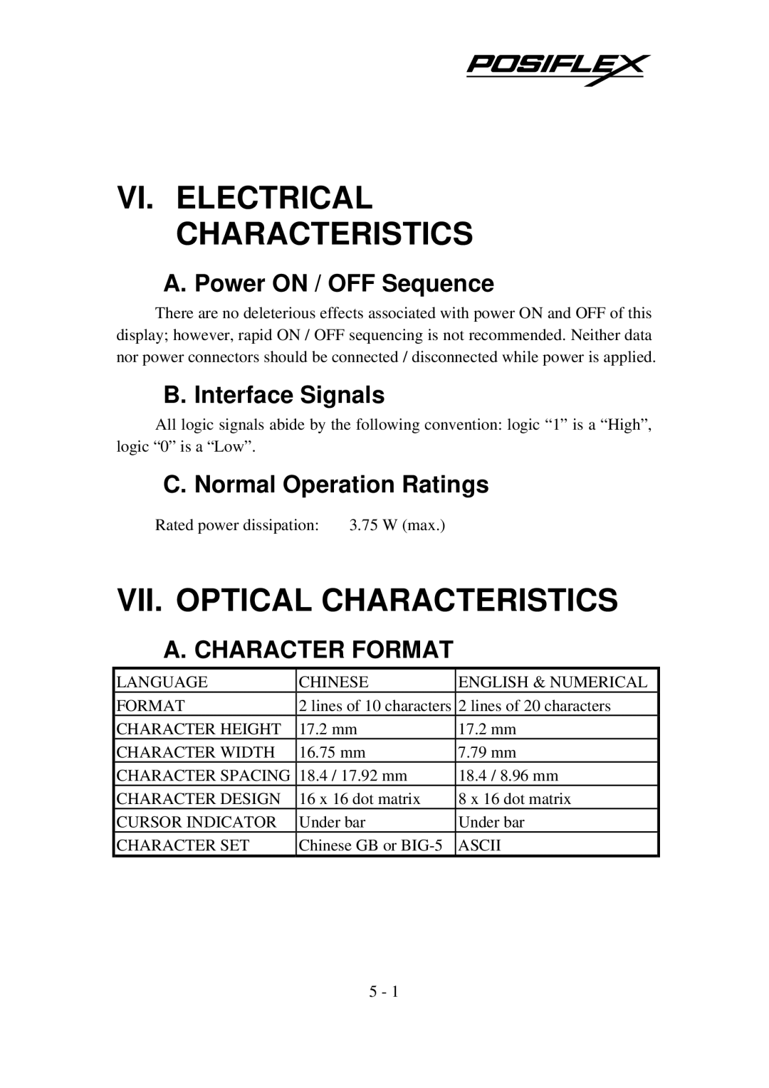 POSIFLEX Business Machines PD-7100 VI. Electrical Characteristics, VII. Optical Characteristics, Power on / OFF Sequence 