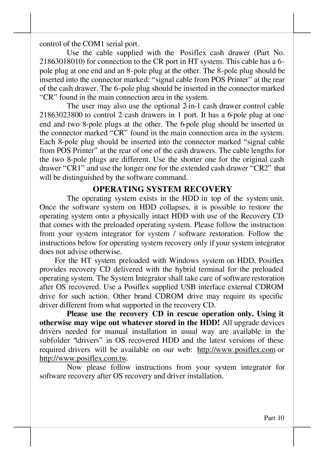 POSIFLEX Business Machines POS terminals, HT-2212 user manual Control of the COM1 serial port, Operating System Recovery 