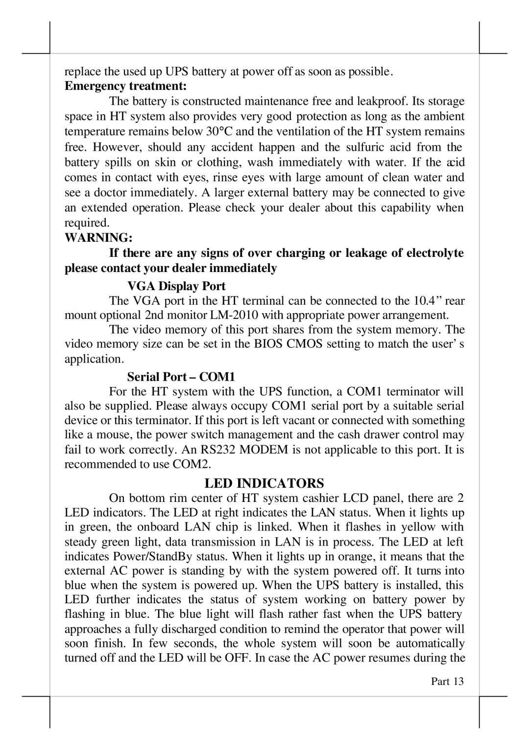 POSIFLEX Business Machines HT-2212, POS terminals user manual Emergency treatment, Serial Port COM1, LED Indicators 