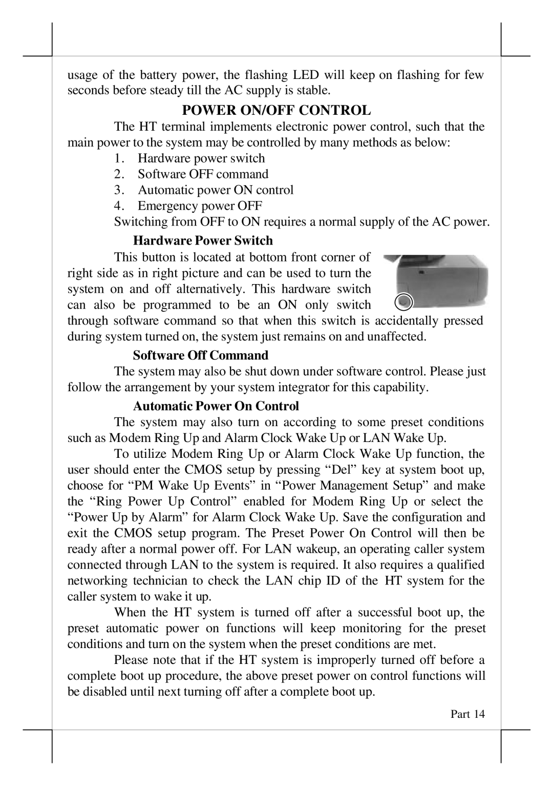 POSIFLEX Business Machines POS terminals, HT-2212 Power ON/OFF Control, Hardware Power Switch, Software Off Command 