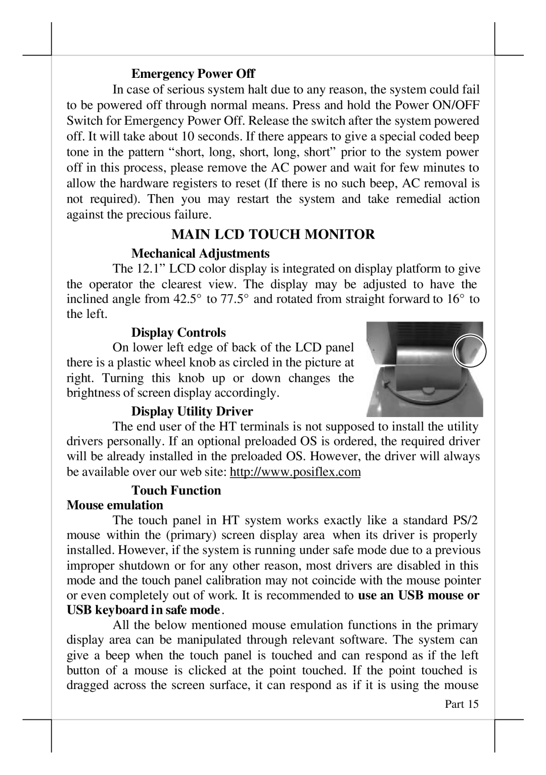 POSIFLEX Business Machines HT-2212 Emergency Power Off, Main LCD Touch Monitor, Mechanical Adjustments, Display Controls 