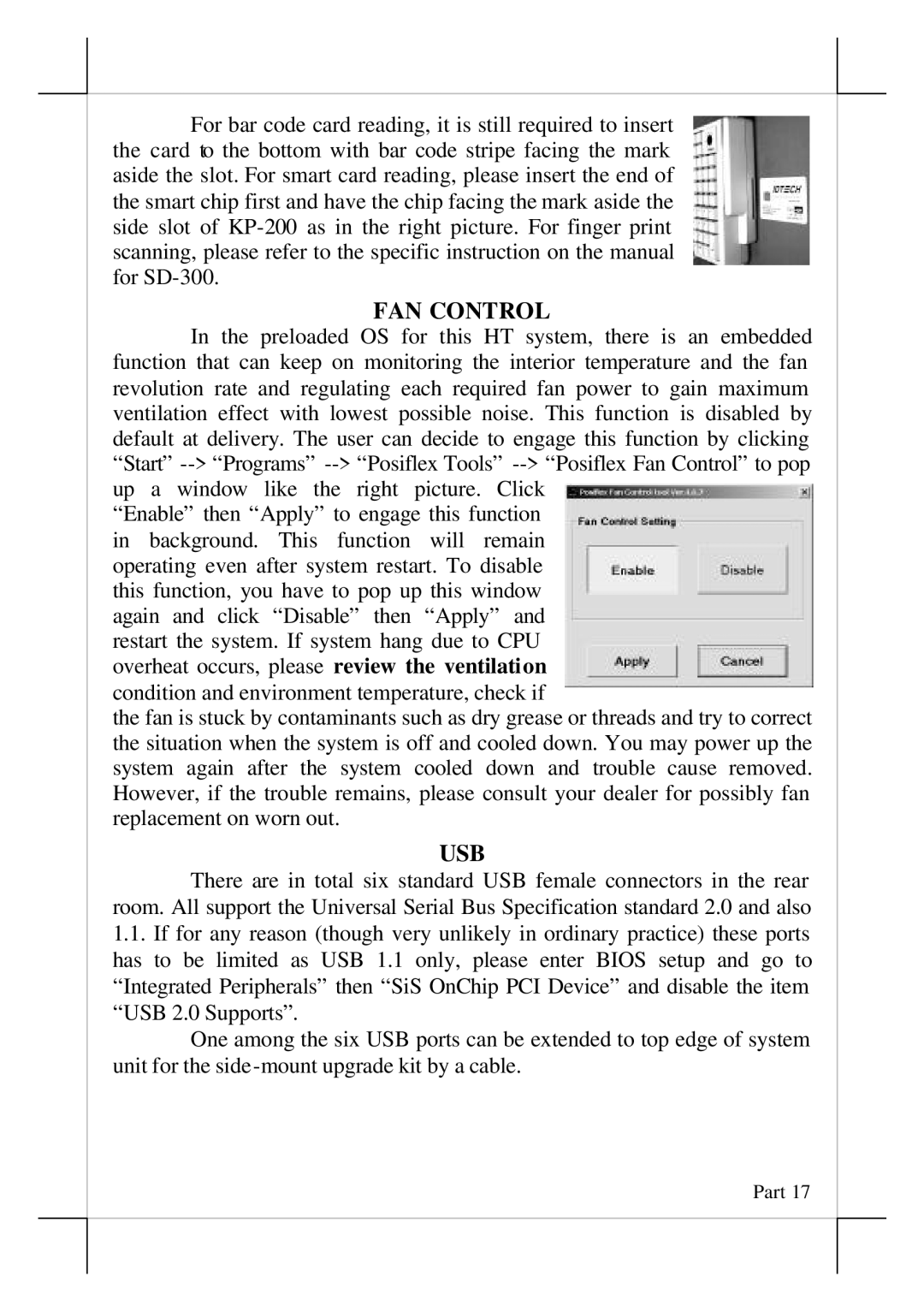 POSIFLEX Business Machines HT-2212, POS terminals user manual FAN Control, Usb 