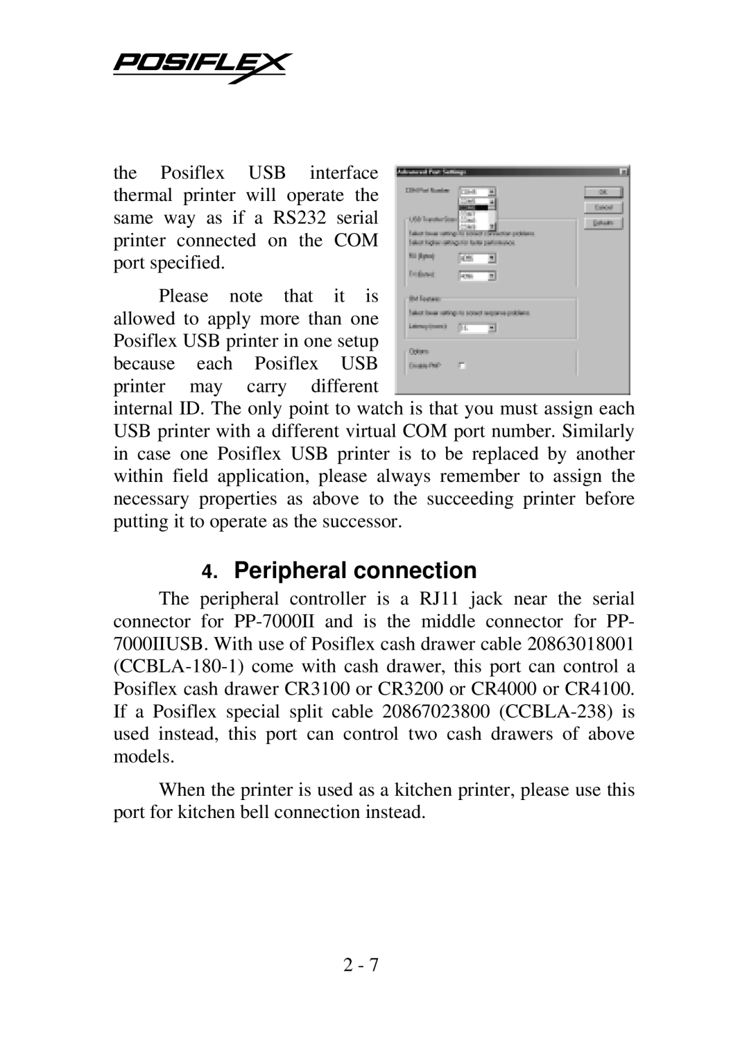 POSIFLEX Business Machines Posiflex Thermal Printer, PP-7000IIUSB warranty Peripheral connection 