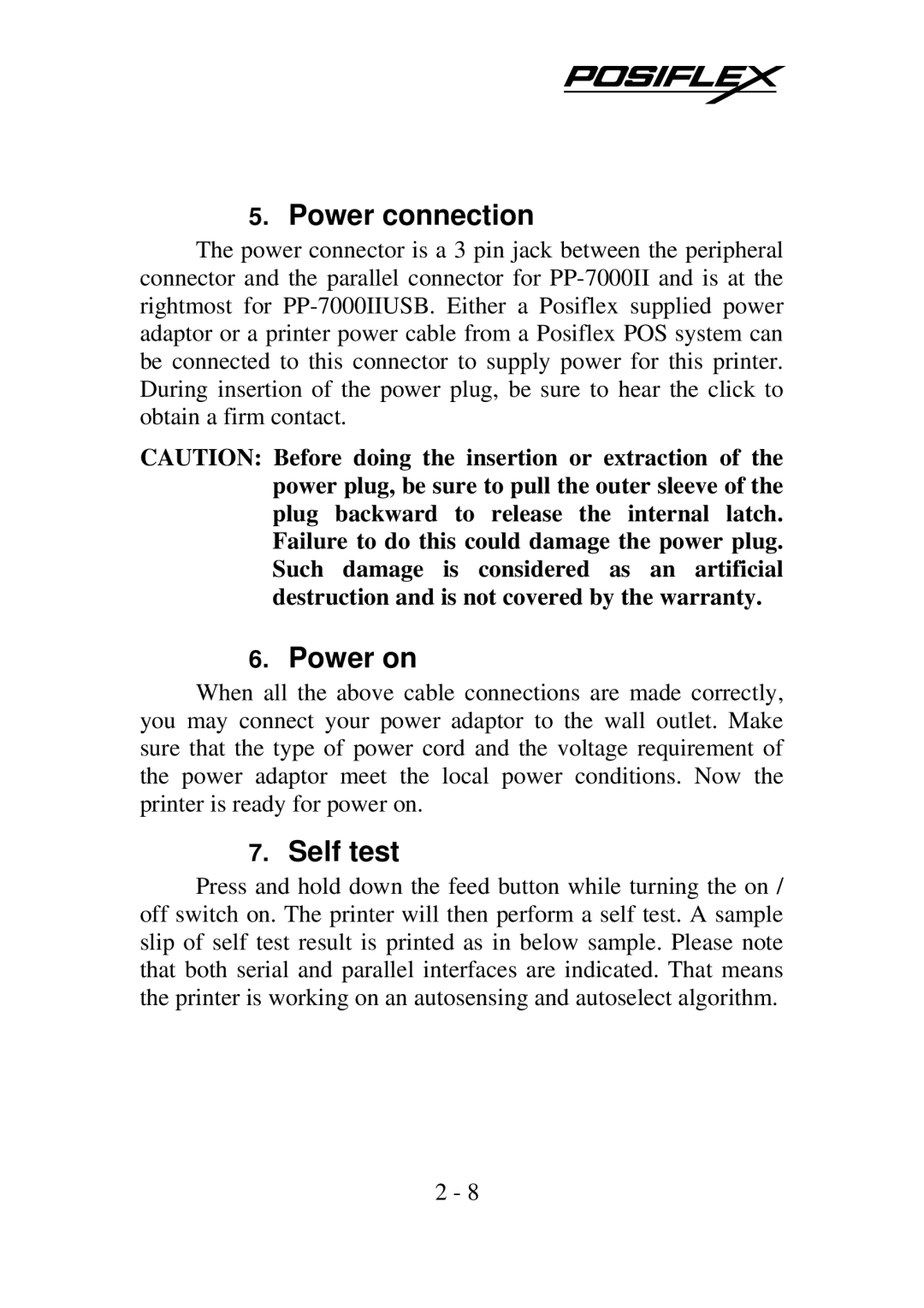 POSIFLEX Business Machines PP-7000IIUSB, Posiflex Thermal Printer warranty Power connection, Power on, Self test 