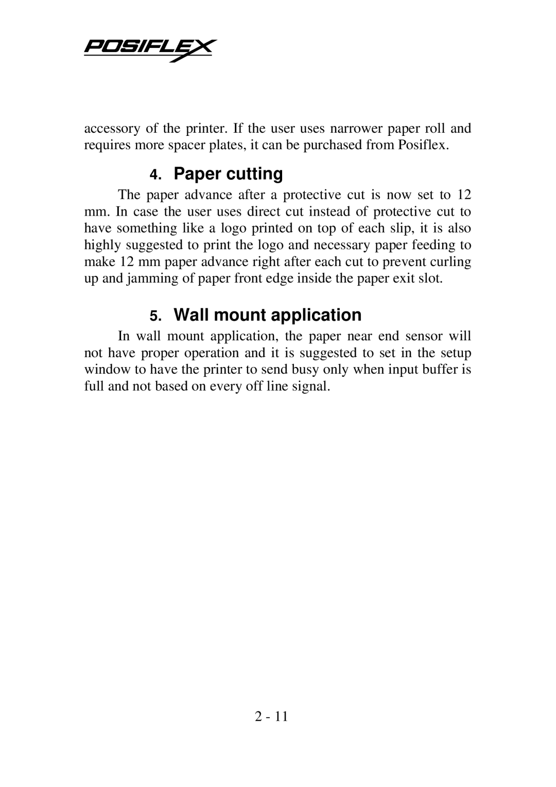 POSIFLEX Business Machines PP-7000IIUSB, Posiflex Thermal Printer warranty Paper cutting, Wall mount application 