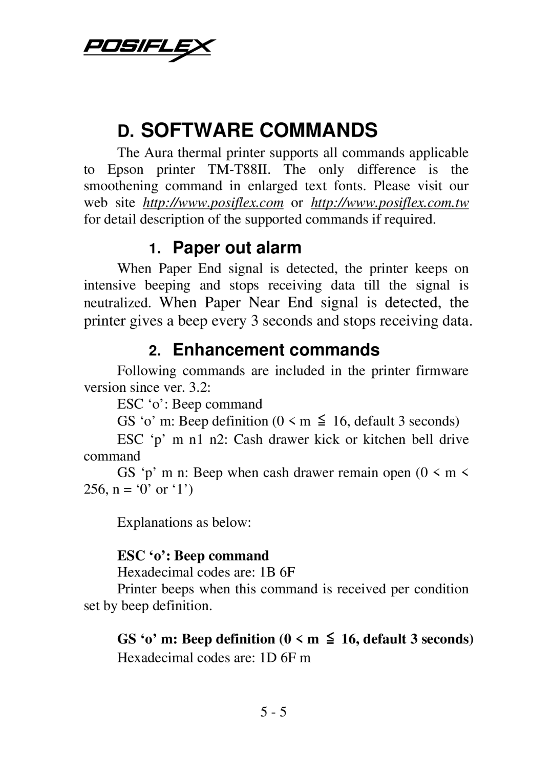 POSIFLEX Business Machines Posiflex Thermal Printer, PP-7000IIUSB Software Commands, Paper out alarm, Enhancement commands 