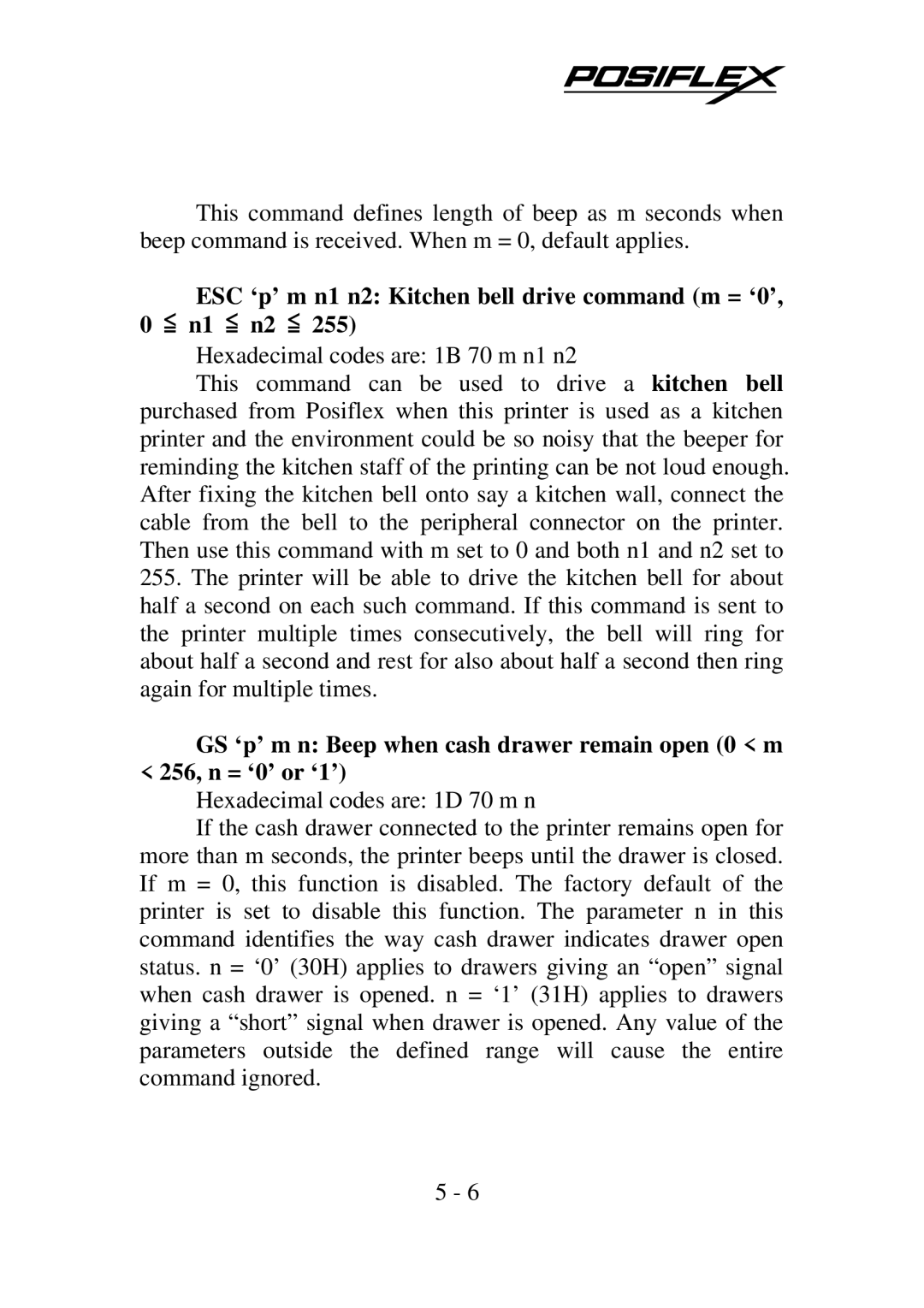 POSIFLEX Business Machines PP-7000IIUSB warranty ESC ‘p’ m n1 n2 Kitchen bell drive command m = ‘0’, 0 n1 n2 