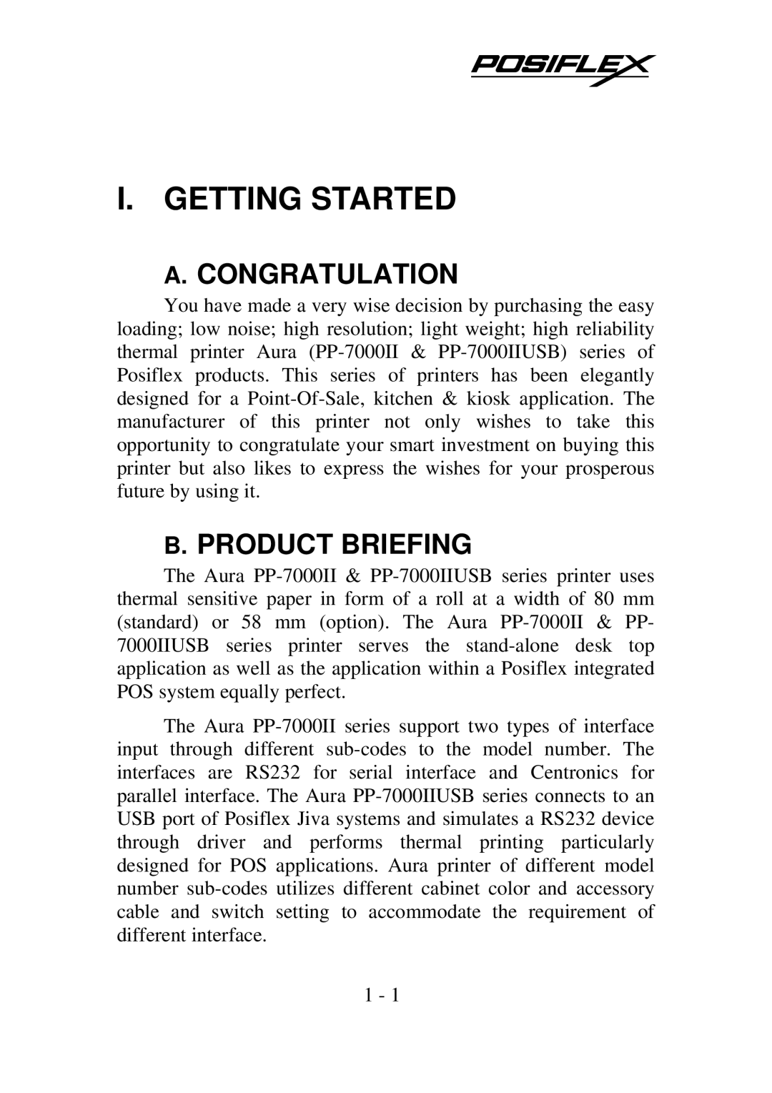 POSIFLEX Business Machines PP-7000IIUSB, Posiflex Thermal Printer warranty Congratulation, Product Briefing 