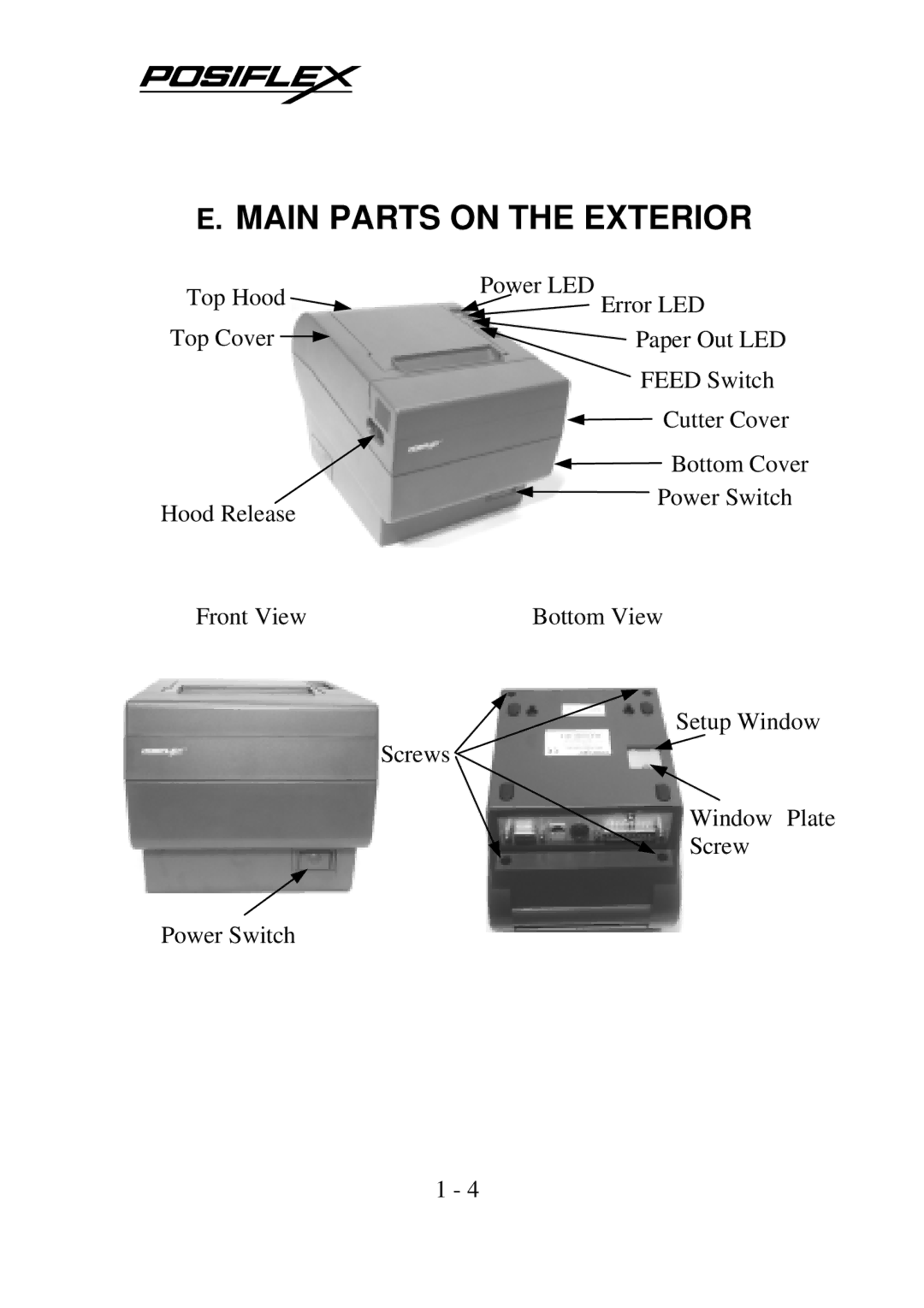 POSIFLEX Business Machines PP-7000IIUSB, Posiflex Thermal Printer warranty Main Parts on the Exterior 