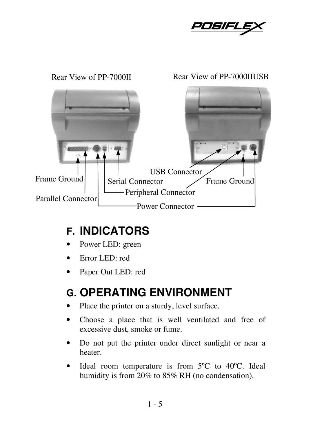 POSIFLEX Business Machines PP-7000IIUSB, Posiflex Thermal Printer warranty Indicators, Operating Environment 