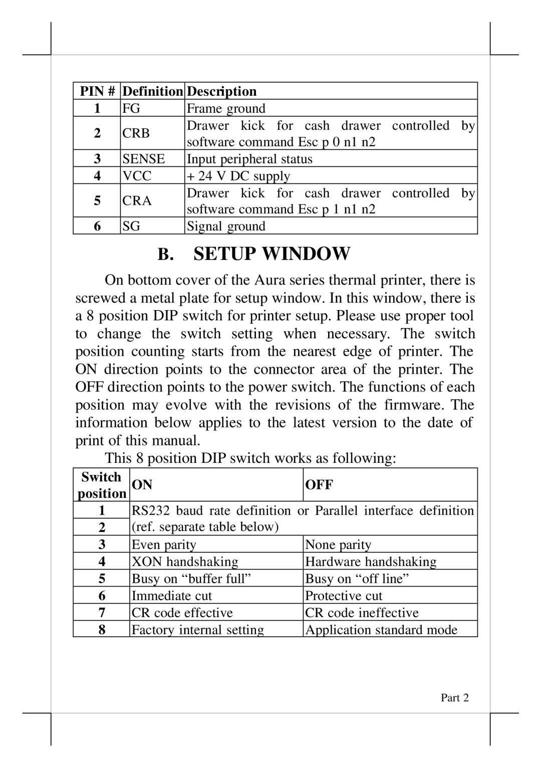 POSIFLEX Business Machines aura series thermal printer, pp-7000-III Setup Window, Definition Description, Switch, Position 