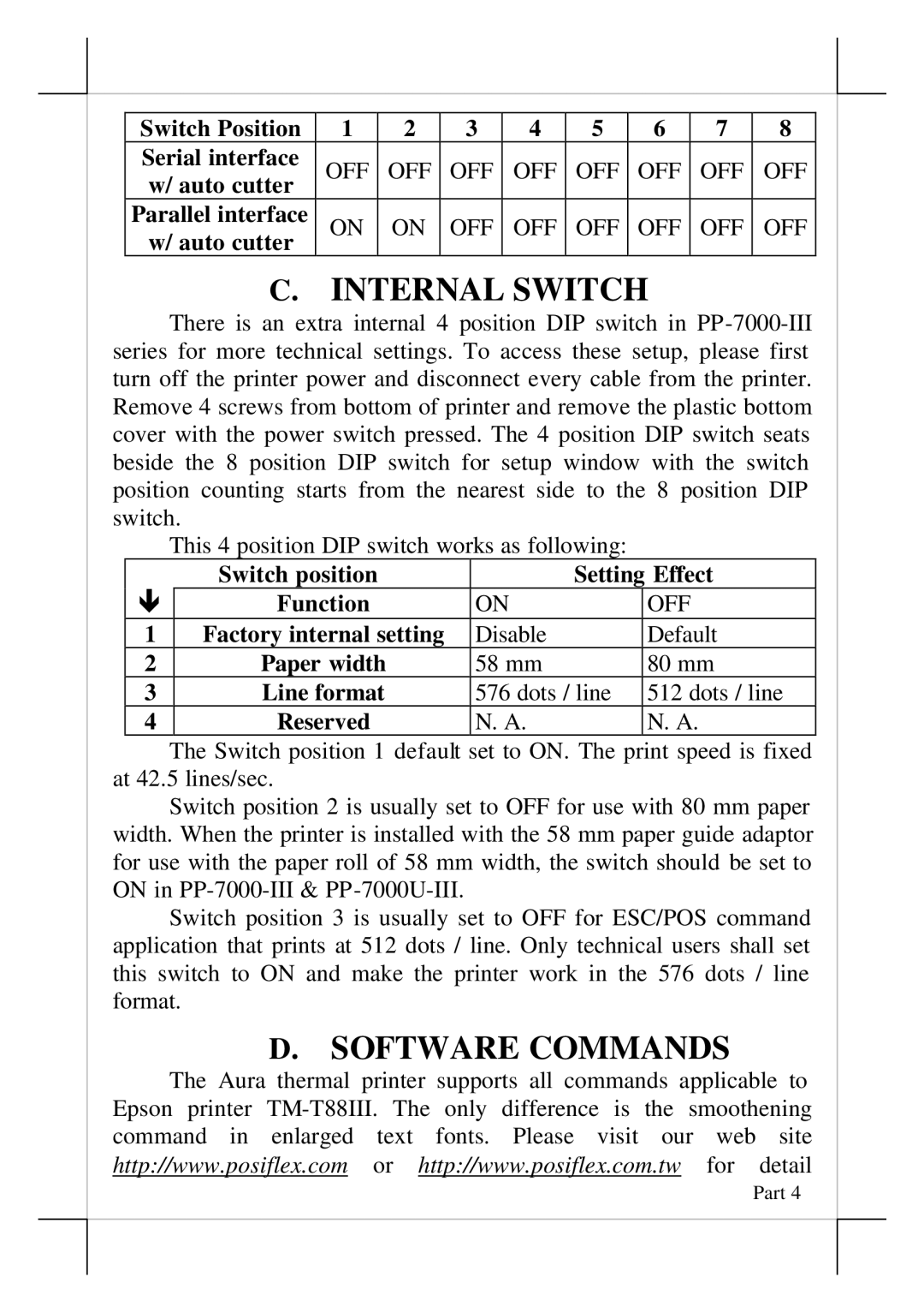 POSIFLEX Business Machines pp-7000-III, pp-7000U-III, aura series thermal printer manual Internal Switch, Software Commands 