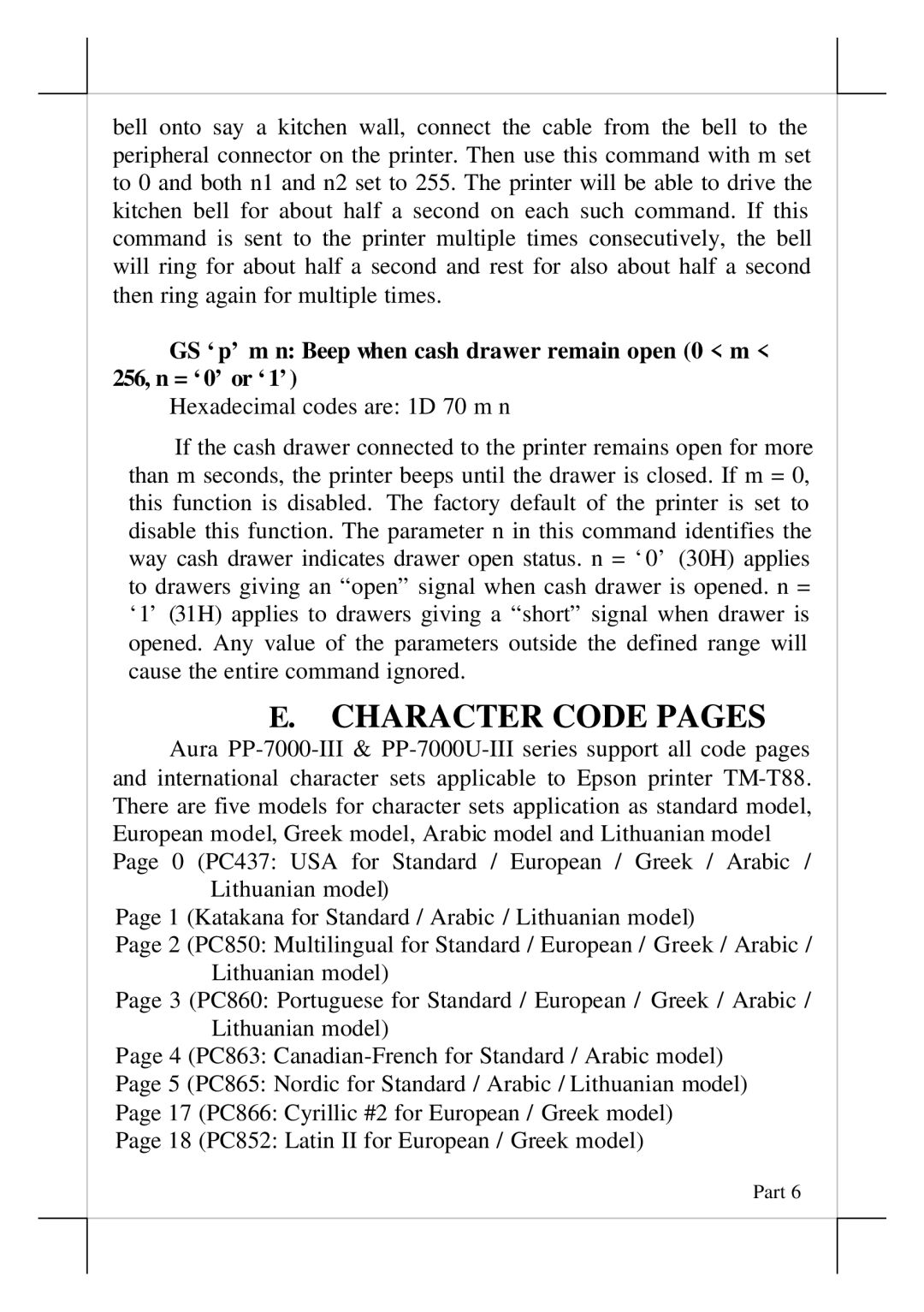 POSIFLEX Business Machines pp-7000U-III, pp-7000-III, aura series thermal printer manual Character Code Pages 