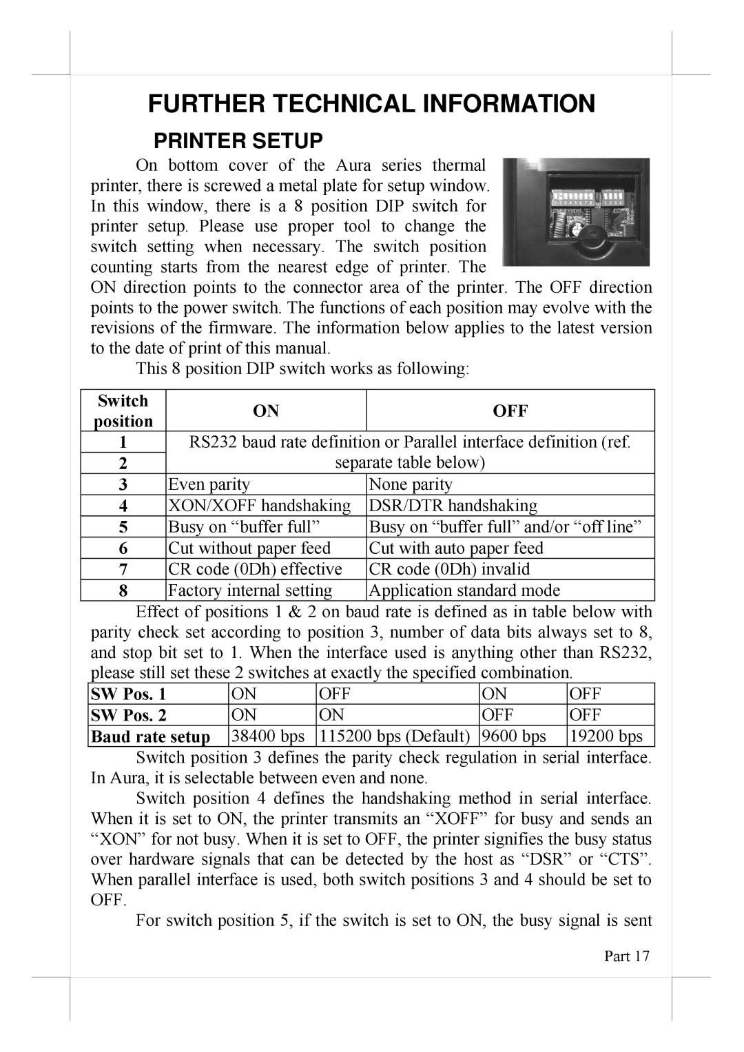 POSIFLEX Business Machines PP-8000L, PP-8000U warranty Further Technical Information, Printer Setup 