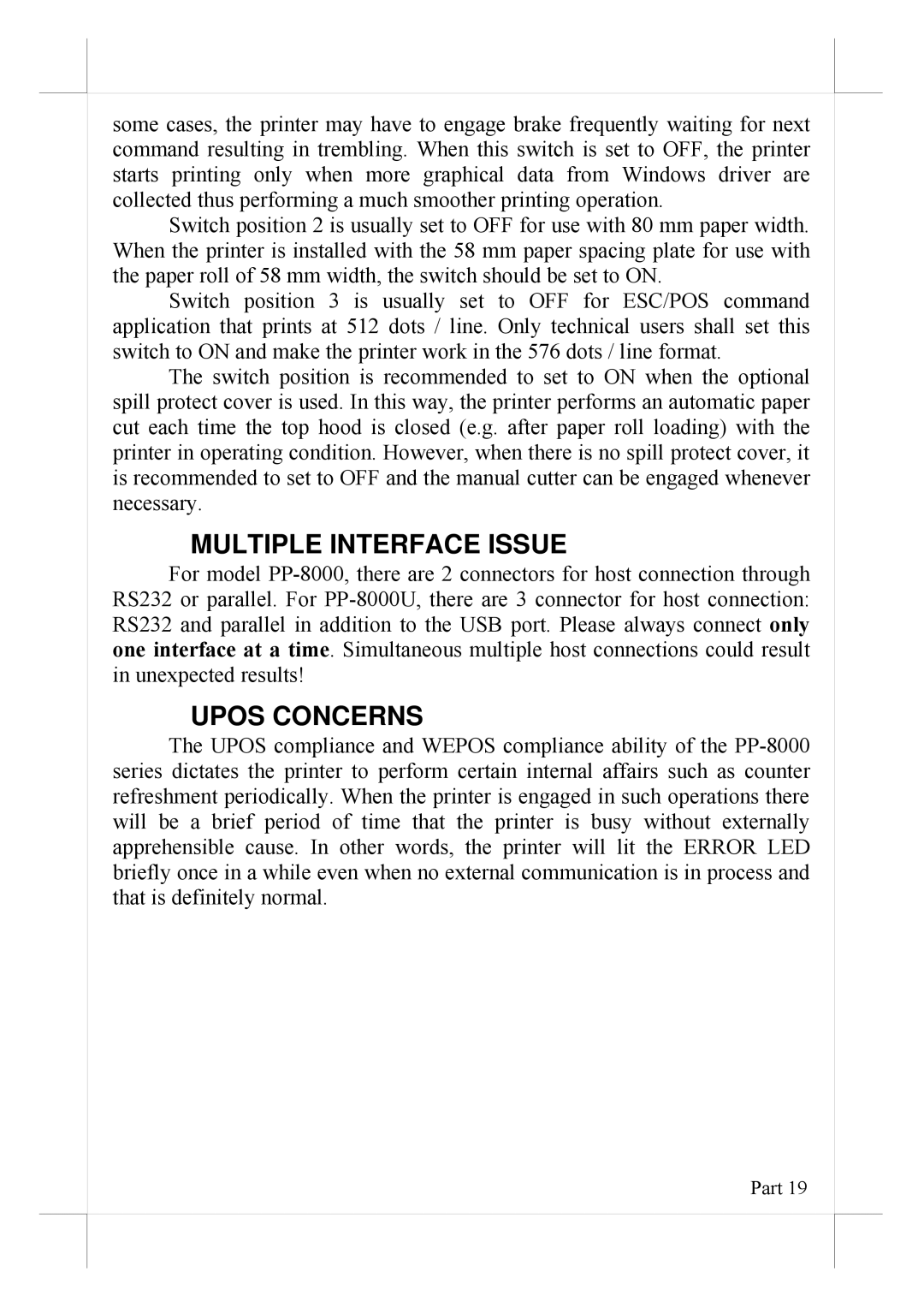 POSIFLEX Business Machines PP-8000U, PP-8000L warranty Multiple Interface Issue, Upos Concerns 