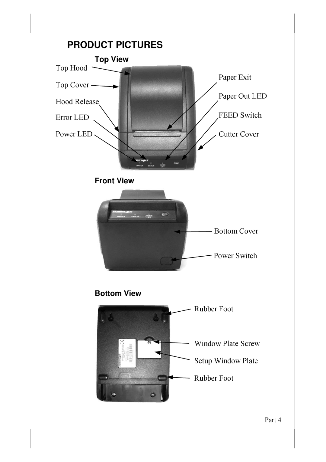 POSIFLEX Business Machines PP-8000U, PP-8000L warranty Product Pictures, Top View, Front View, Bottom View 