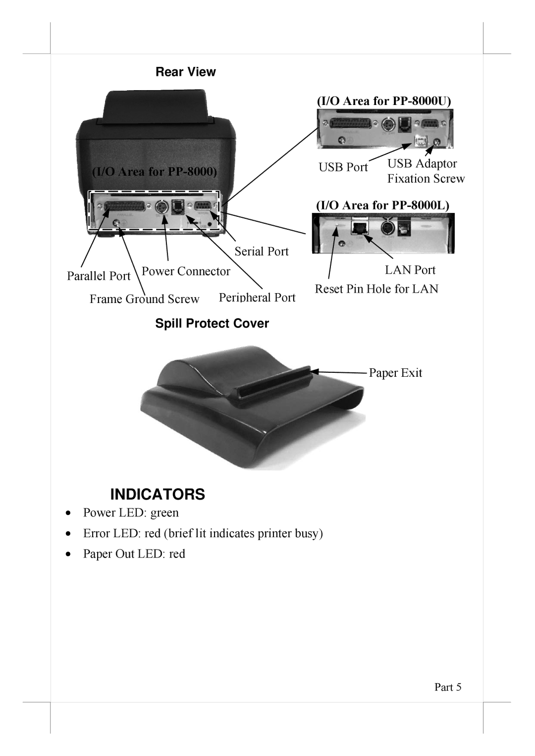 POSIFLEX Business Machines PP-8000L, PP-8000U warranty Indicators, Rear View, Spill Protect Cover 