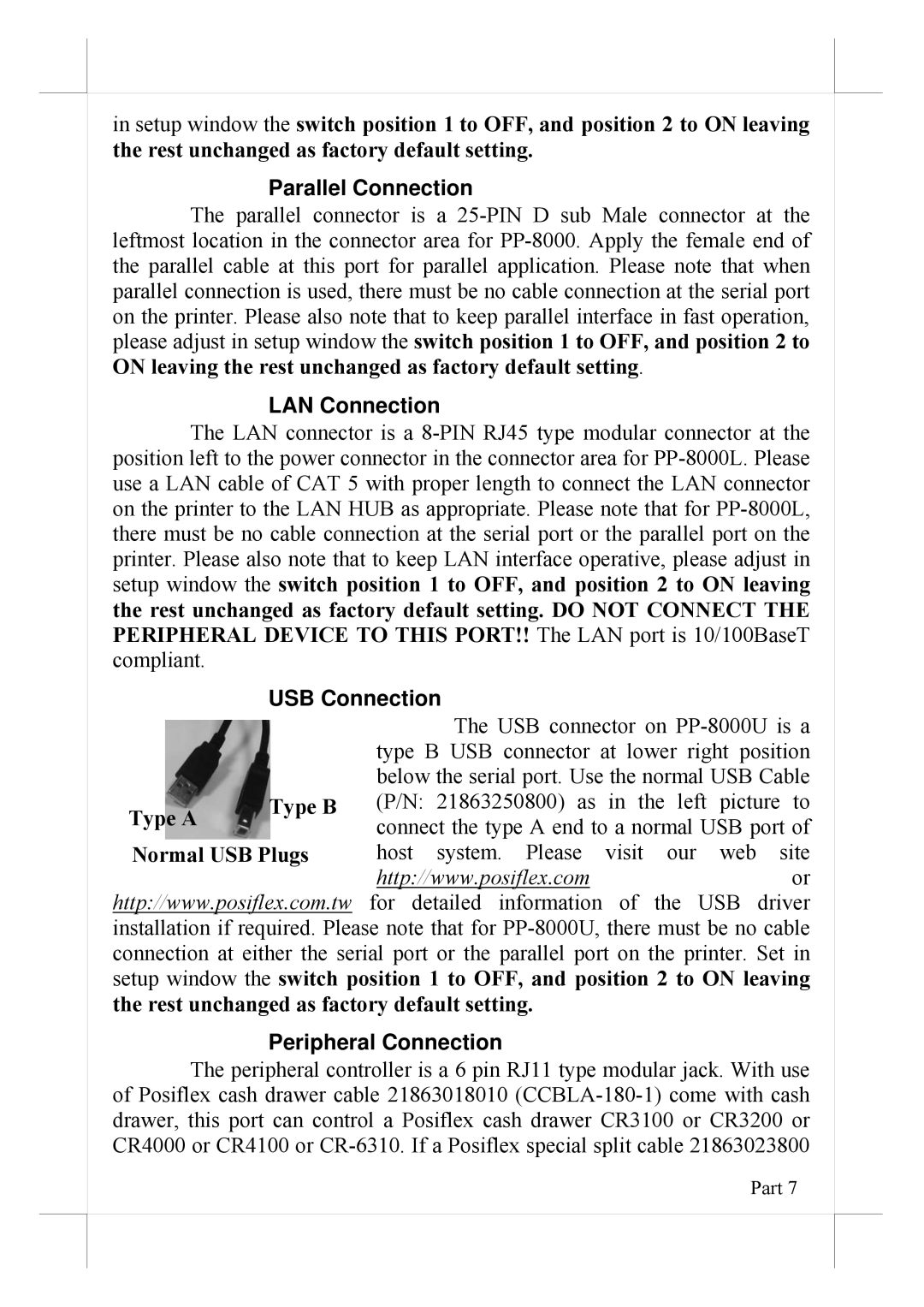 POSIFLEX Business Machines PP-8000U, PP-8000L Parallel Connection, LAN Connection, USB Connection, Peripheral Connection 