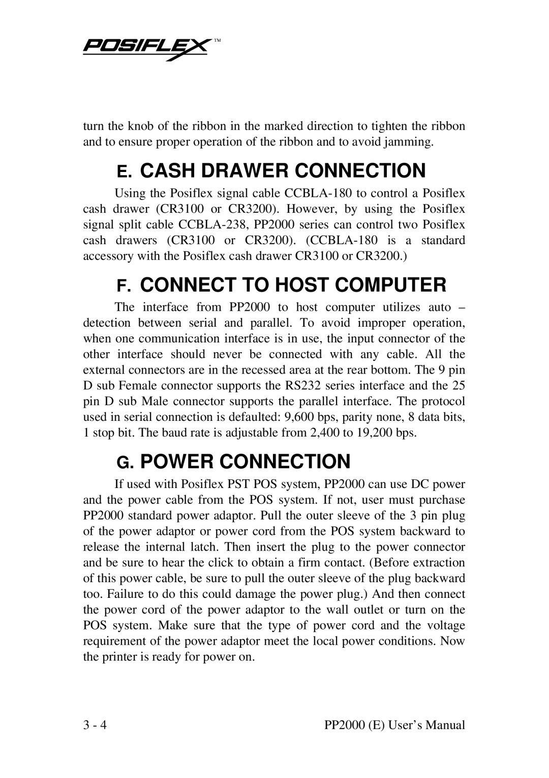 POSIFLEX Business Machines PP2000 manual Cash Drawer Connection, Connect to Host Computer, Power Connection 