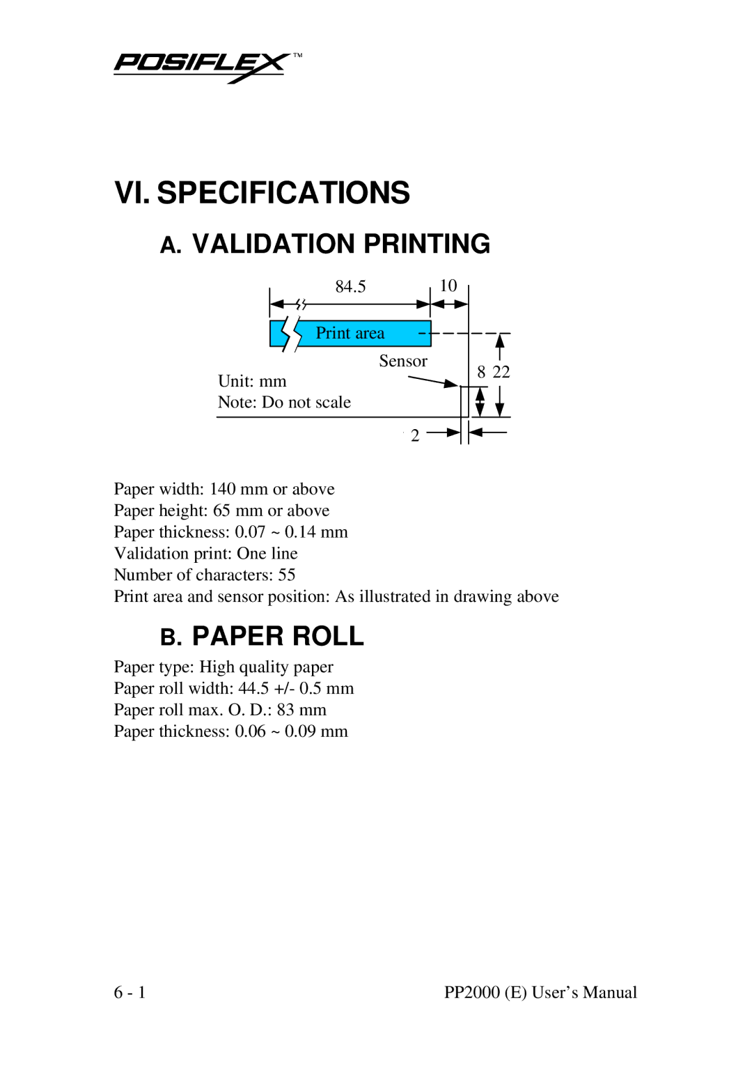 POSIFLEX Business Machines PP2000 manual VI. Specifications, Validation Printing, Paper Roll 